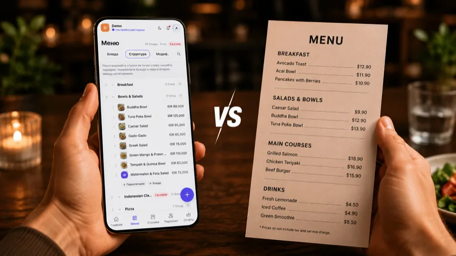 Comparison: a digital menu on a phone vs. a paper menu